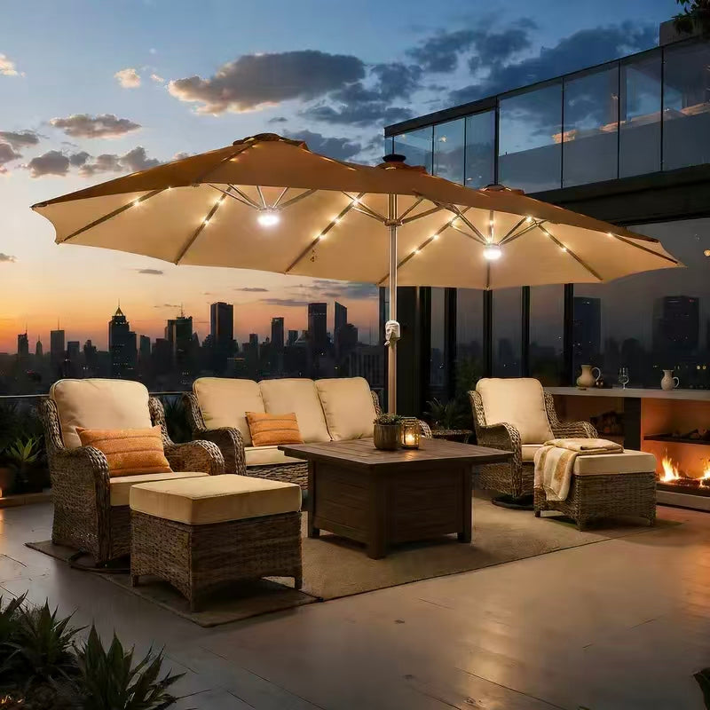 15FT Adjustable Offset Patio Umbrella with Solar Lights, Double Sided Outdoor Shade Umbrella with Base