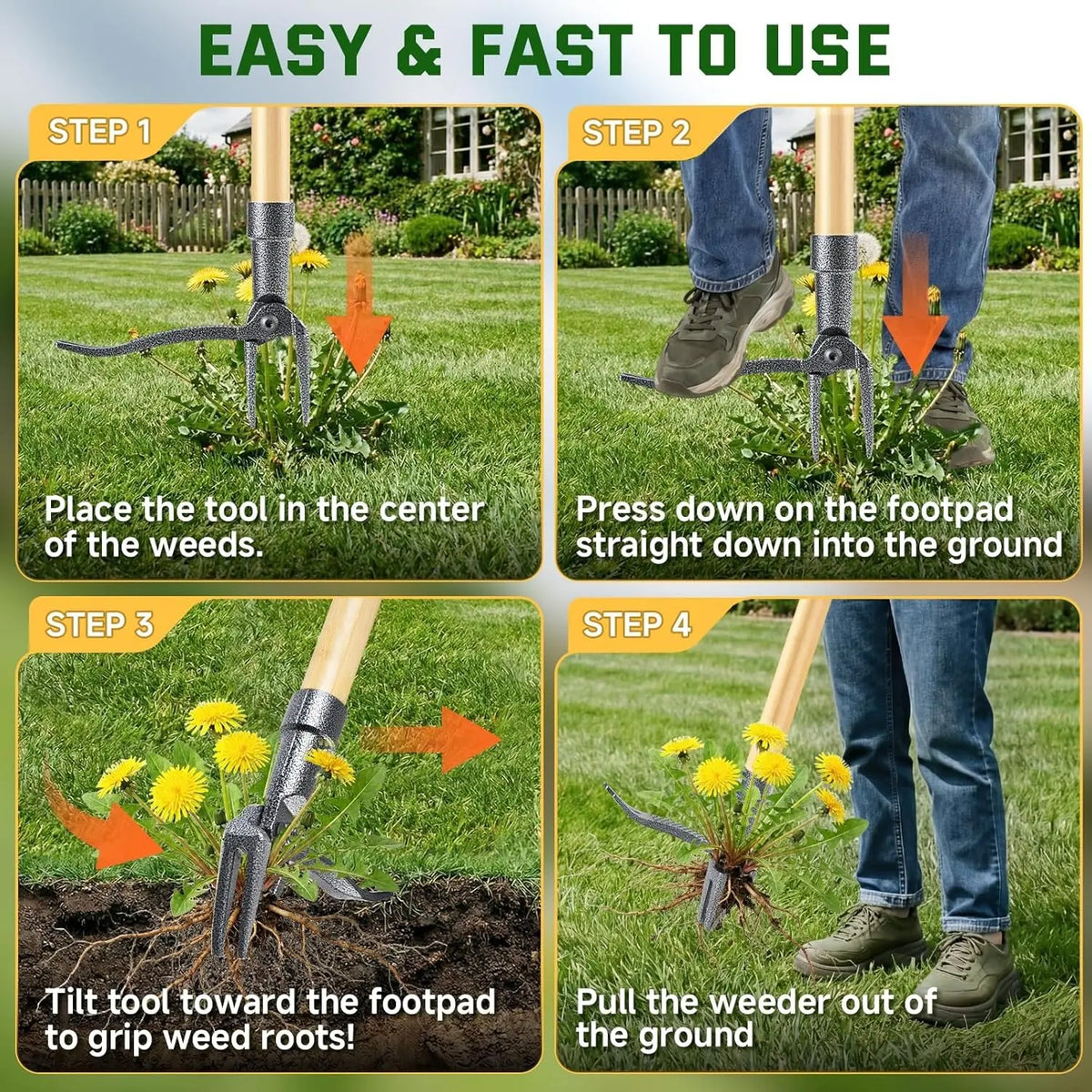 eed Puller Tool, Stand Up Heavy Duty Root Removal Tool with 4-Claw Head & Long Handle
