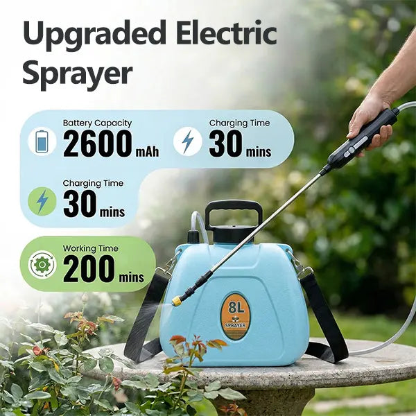 2 Gallon Rechargeable Garden Sprayer with 2 Speed Settings, 4 Nozzles & Telescopic Wand