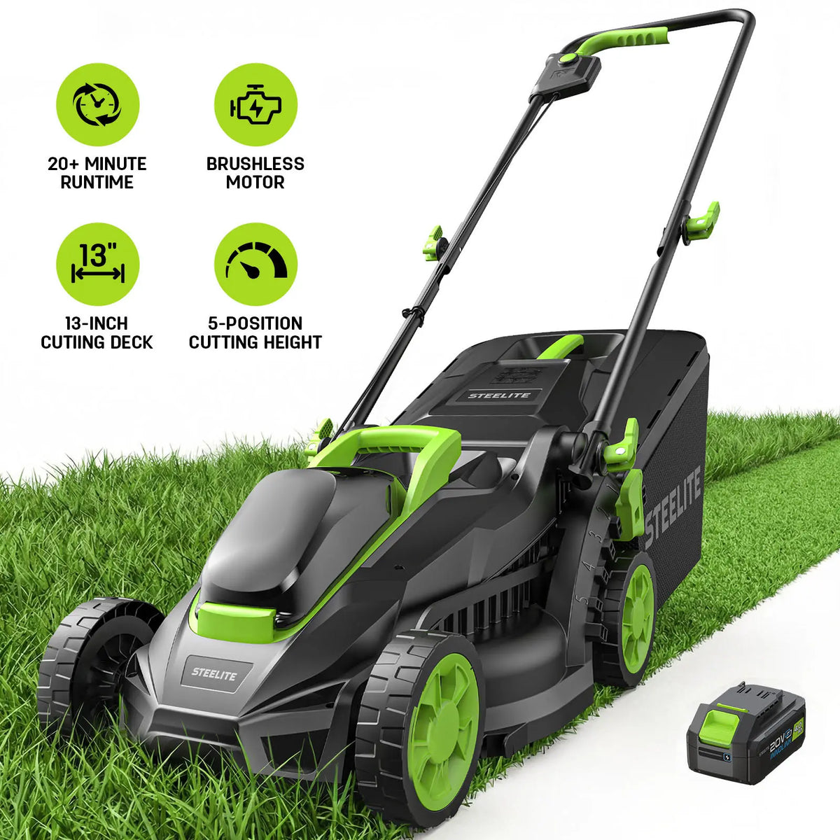 20V 13 Inch Brushless Cordless Electric Lawn Mower with Battery & Charger, Lightweight Push Mower for Yard Care
