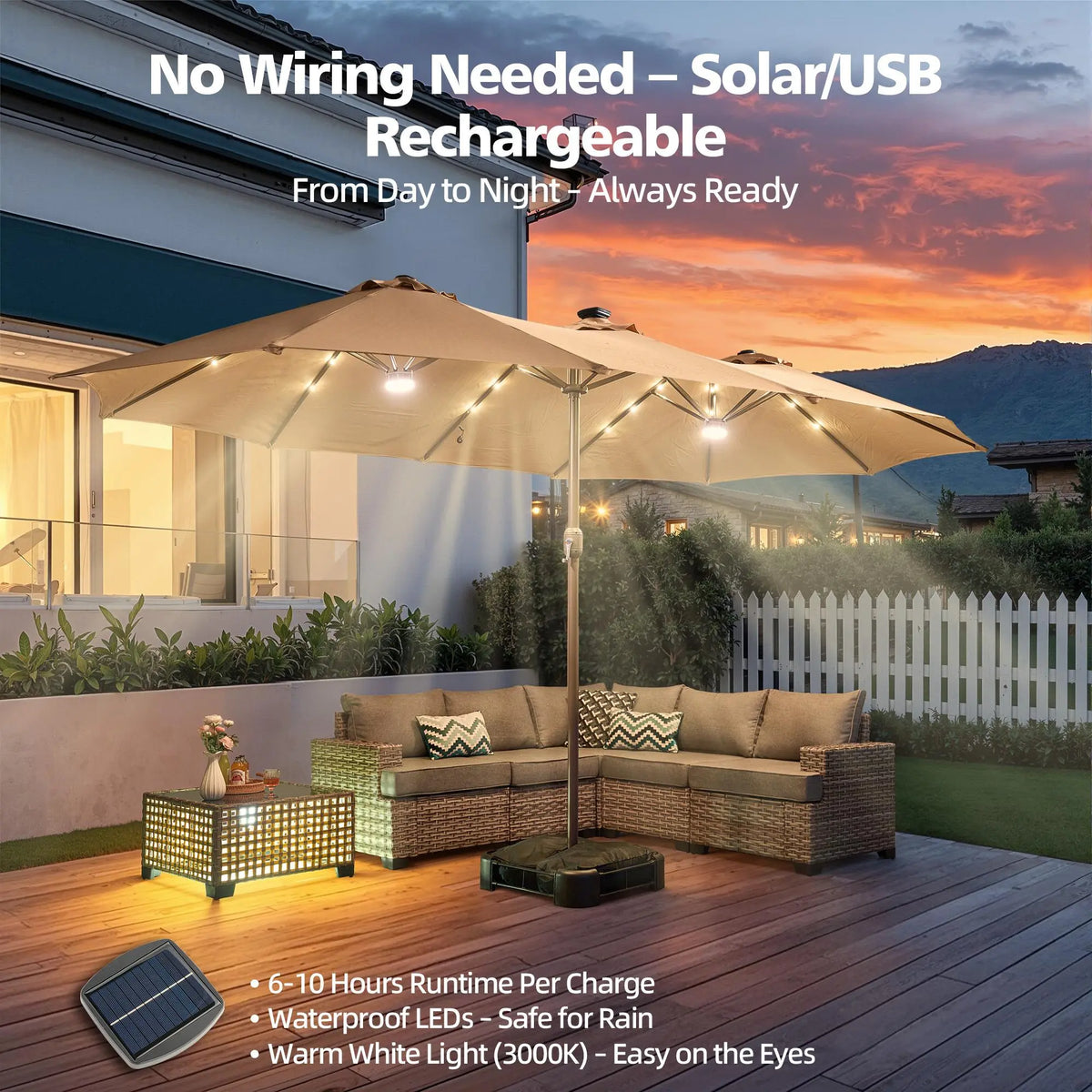 15FT Adjustable Offset Patio Umbrella with Solar Lights, Double Sided Outdoor Shade Umbrella with Base