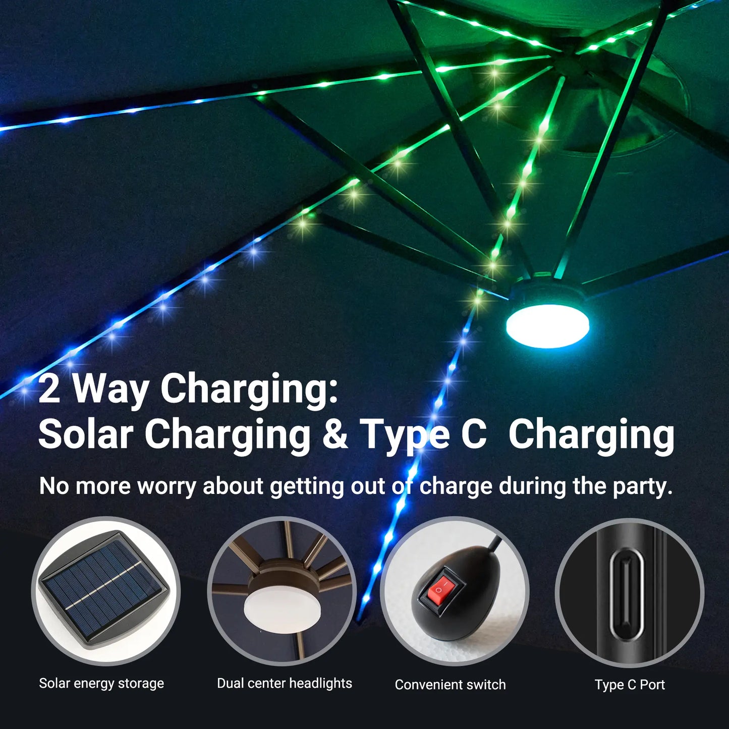 15FT Adjustable Offset Patio Umbrella with Solar Lights, Double Sided Outdoor Shade Umbrella with Base