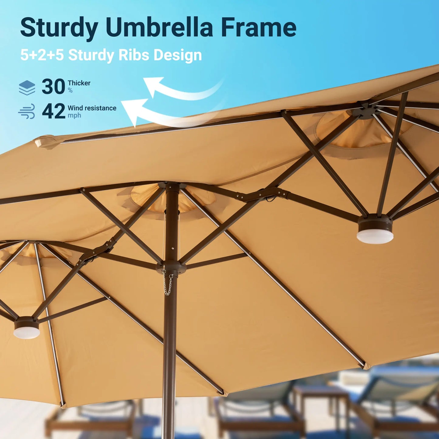 15FT Adjustable Offset Patio Umbrella with Solar Lights, Double Sided Outdoor Shade Umbrella with Base