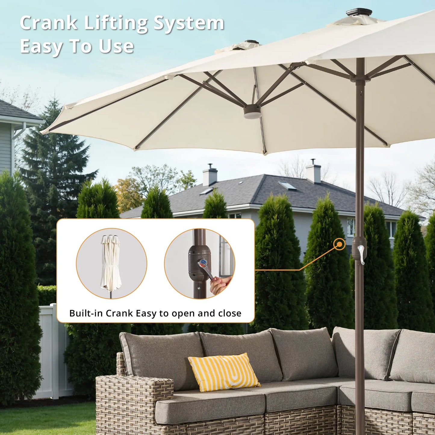 15FT Adjustable Offset Patio Umbrella with Solar Lights, Double Sided Outdoor Shade Umbrella with Base