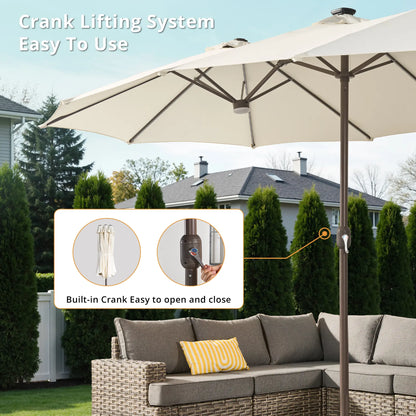 15FT Adjustable Offset Patio Umbrella with Solar Lights, Double Sided Outdoor Shade Umbrella with Base