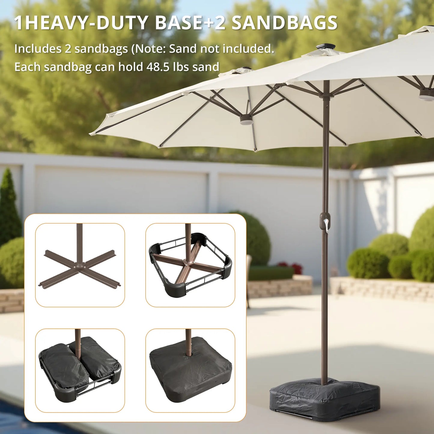 15FT Adjustable Offset Patio Umbrella with Solar Lights, Double Sided Outdoor Shade Umbrella with Base