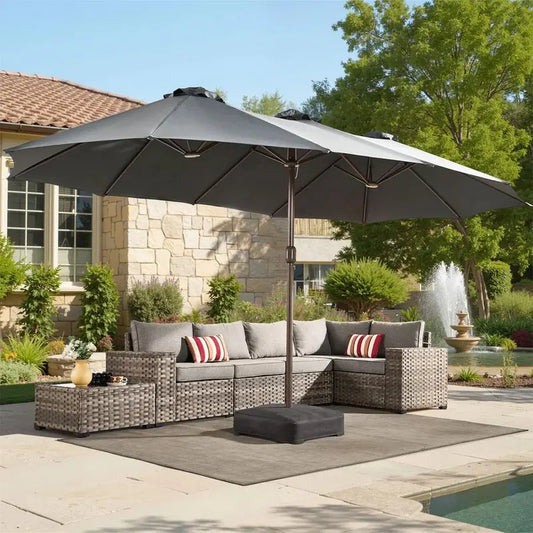 15FT Adjustable Offset Patio Umbrella with Solar Lights, Double Sided Outdoor Shade Umbrella with Base