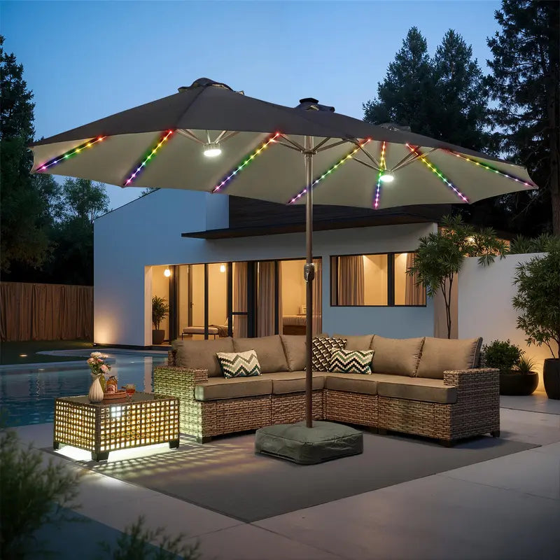 15FT Adjustable Offset Patio Umbrella with Solar Lights, Double Sided Outdoor Shade Umbrella with Base