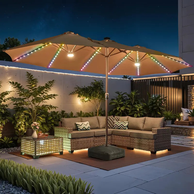 15FT Adjustable Offset Patio Umbrella with Solar Lights, Double Sided Outdoor Shade Umbrella with Base